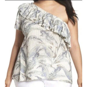 Lucky Brand Tropical Print One-Shoulder Top Ruffle Short Sleeve L Boho Festive